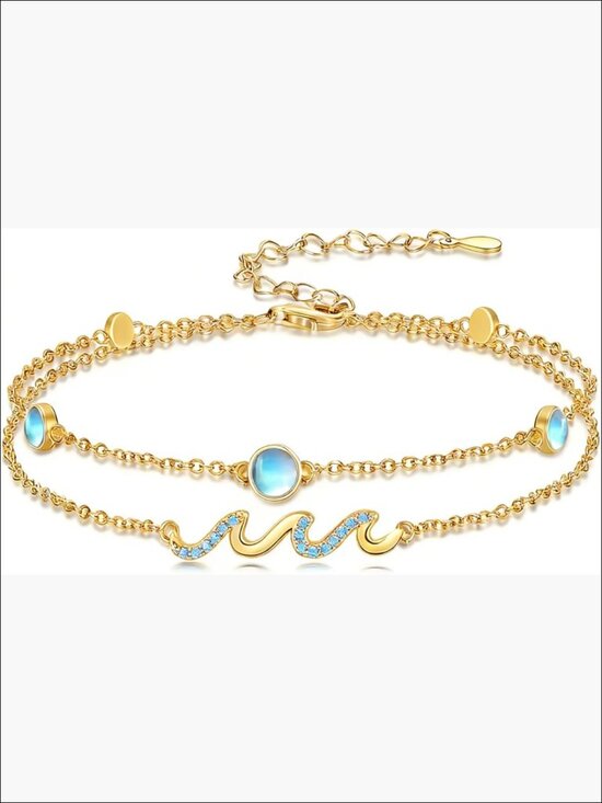 Jewelry - 925 Sterling Silver Wave Anklet with Moonstone, Ocean Jewelry